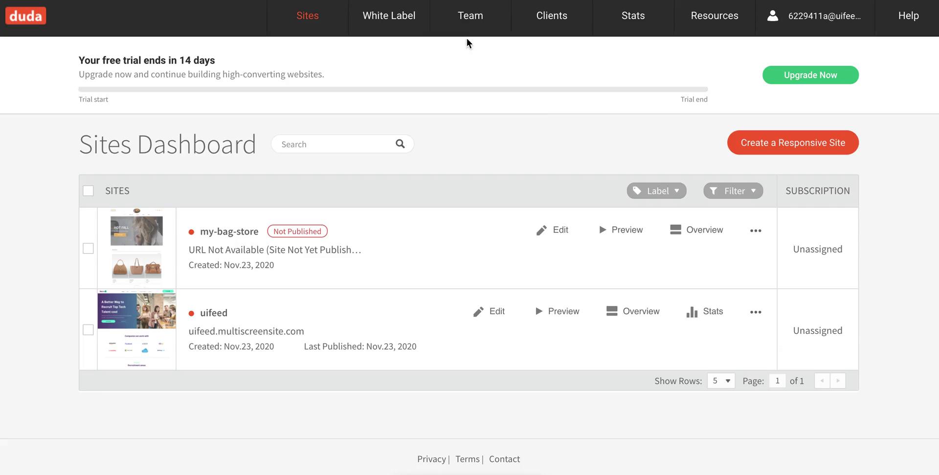 Screenshot of Dashboard on Inviting people on Duda user flow