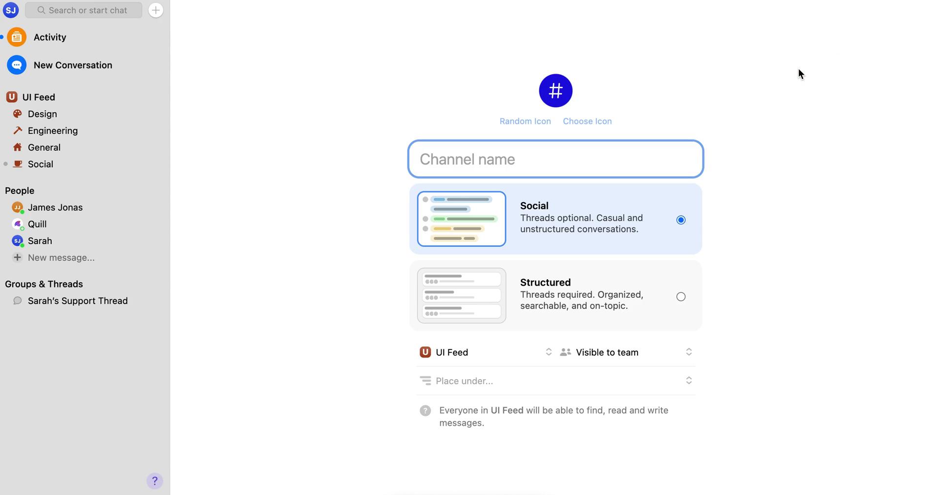 Screenshot of Create channel on Creating a channel on Quill user flow