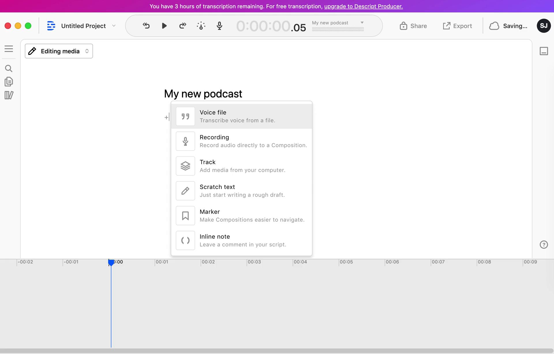 Screenshot of Upload audio on Creating a project on Descript user flow