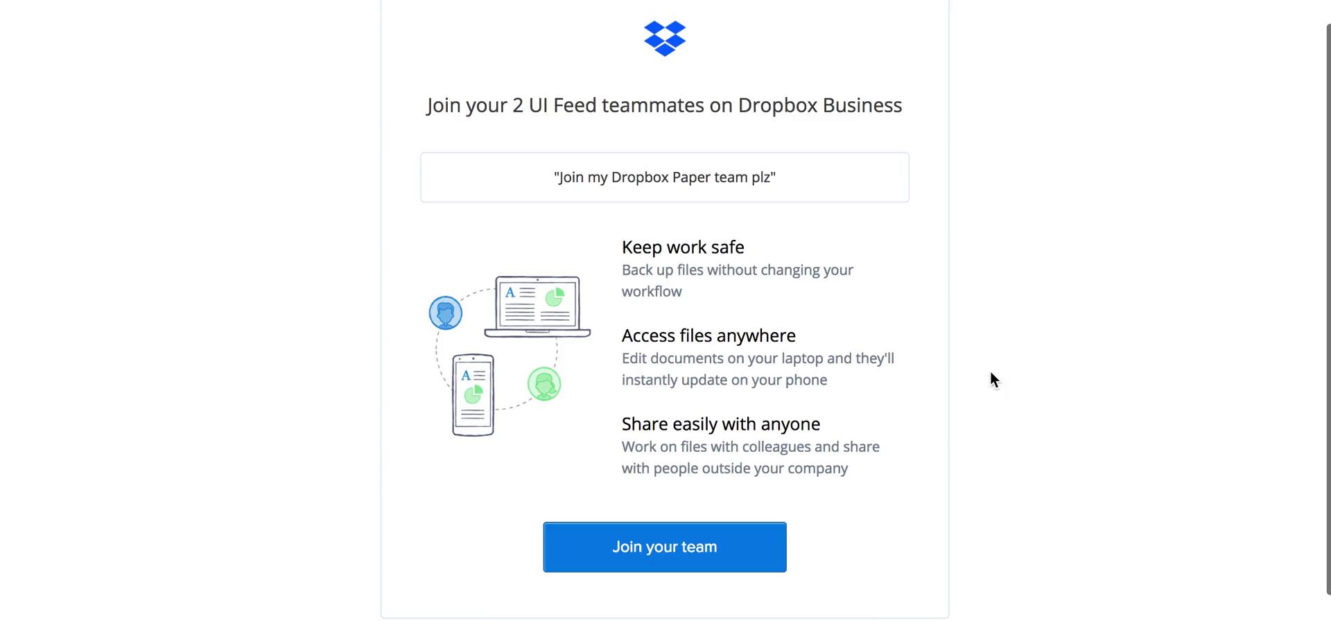 Screenshot of Invite email on Accepting an invite on Dropbox Paper user flow