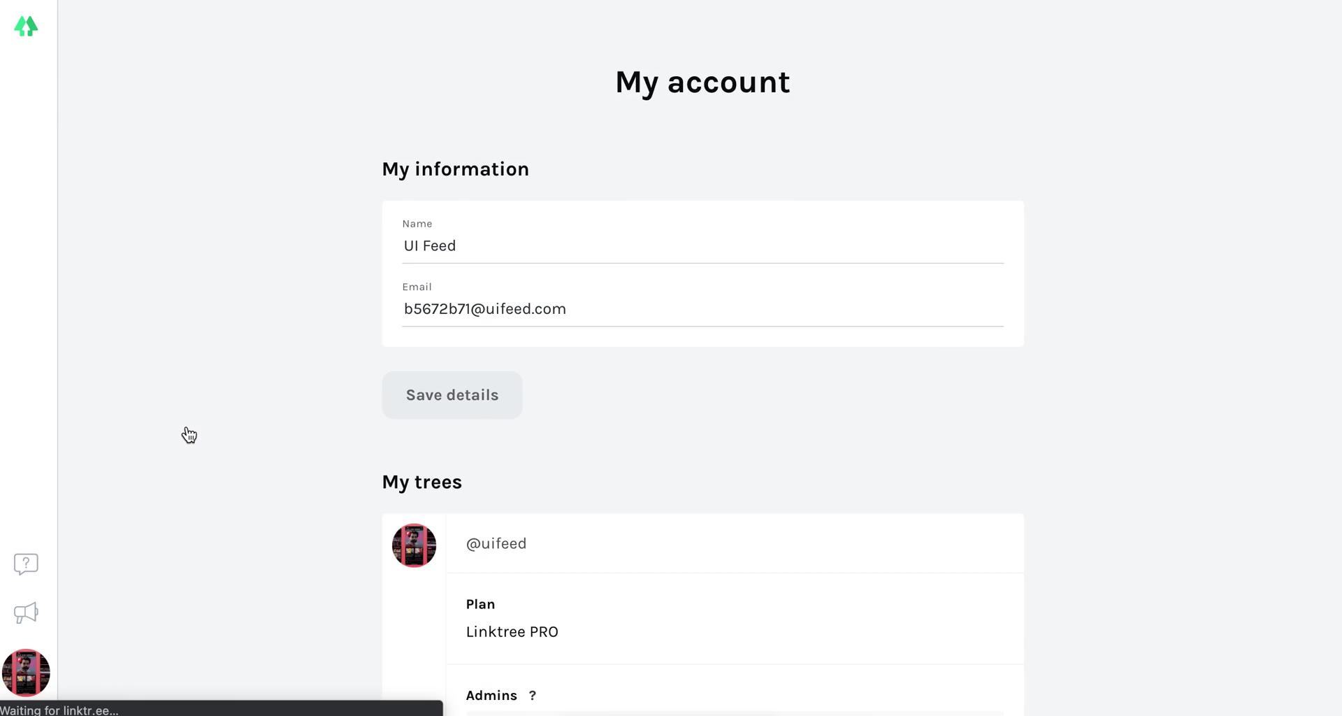 Screenshot of Account settings on Deleting your account on Linktree user flow