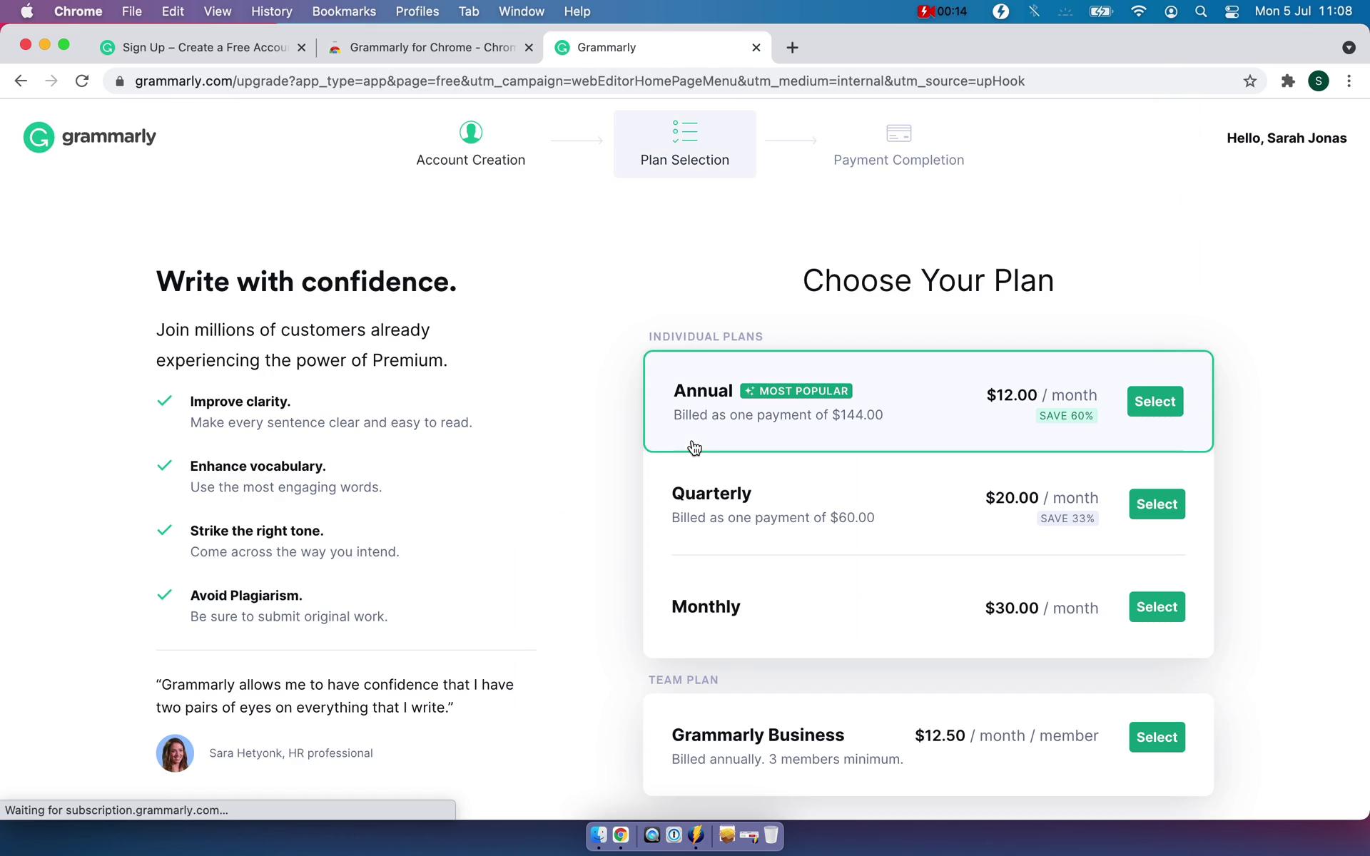 Screenshot of Select plan on Upgrading your account on Grammarly user flow