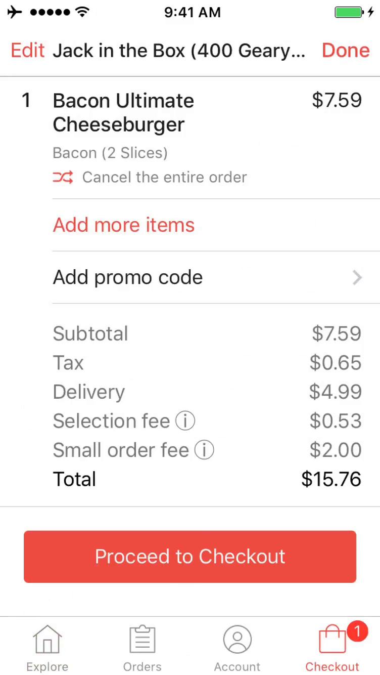 Ordering food screenshot