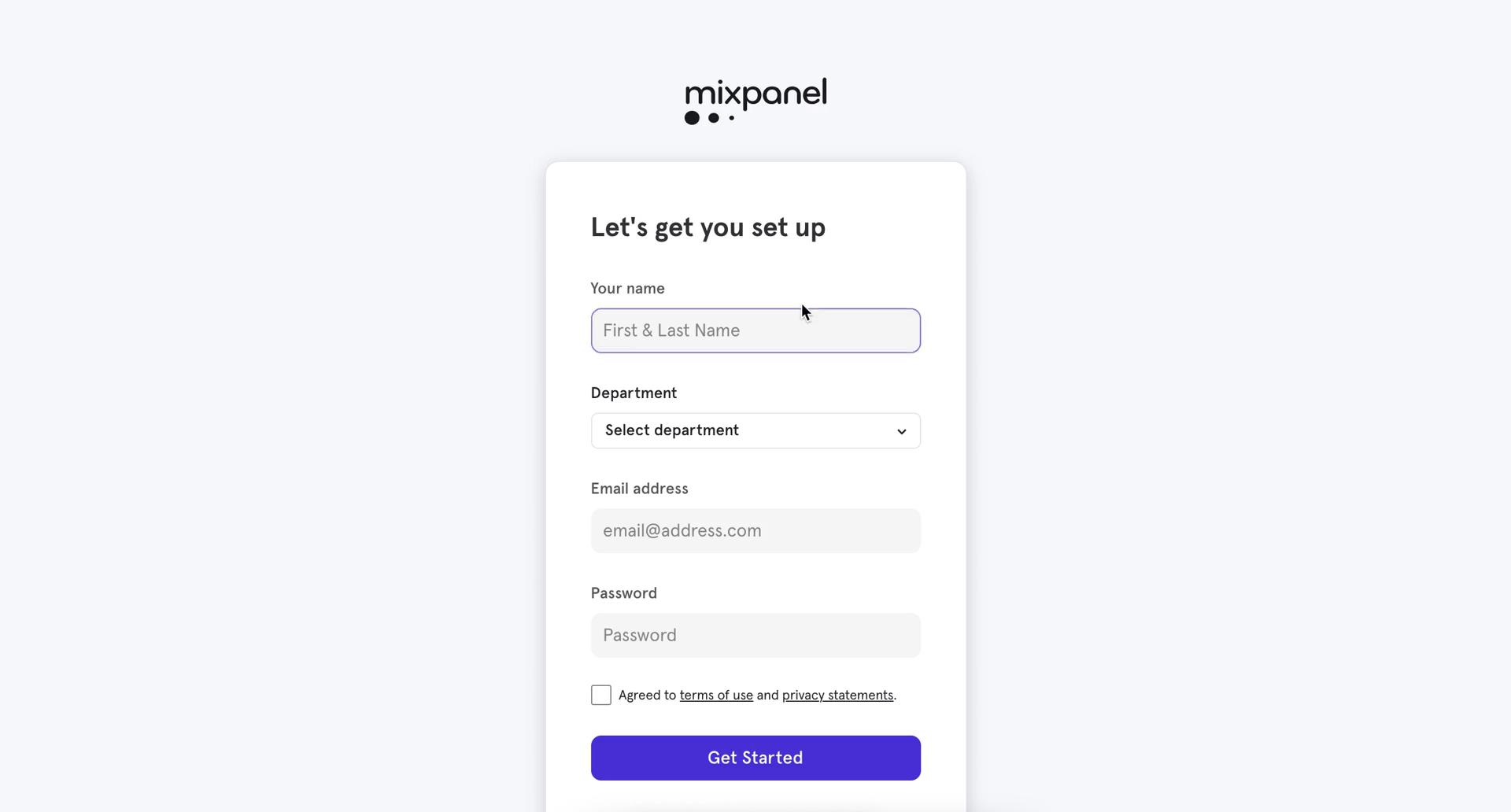 Screenshot of Sign up on Onboarding on Mixpanel user flow