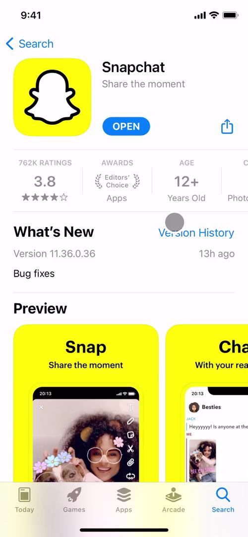 Screenshot of App store listing on Onboarding on Snapchat user flow