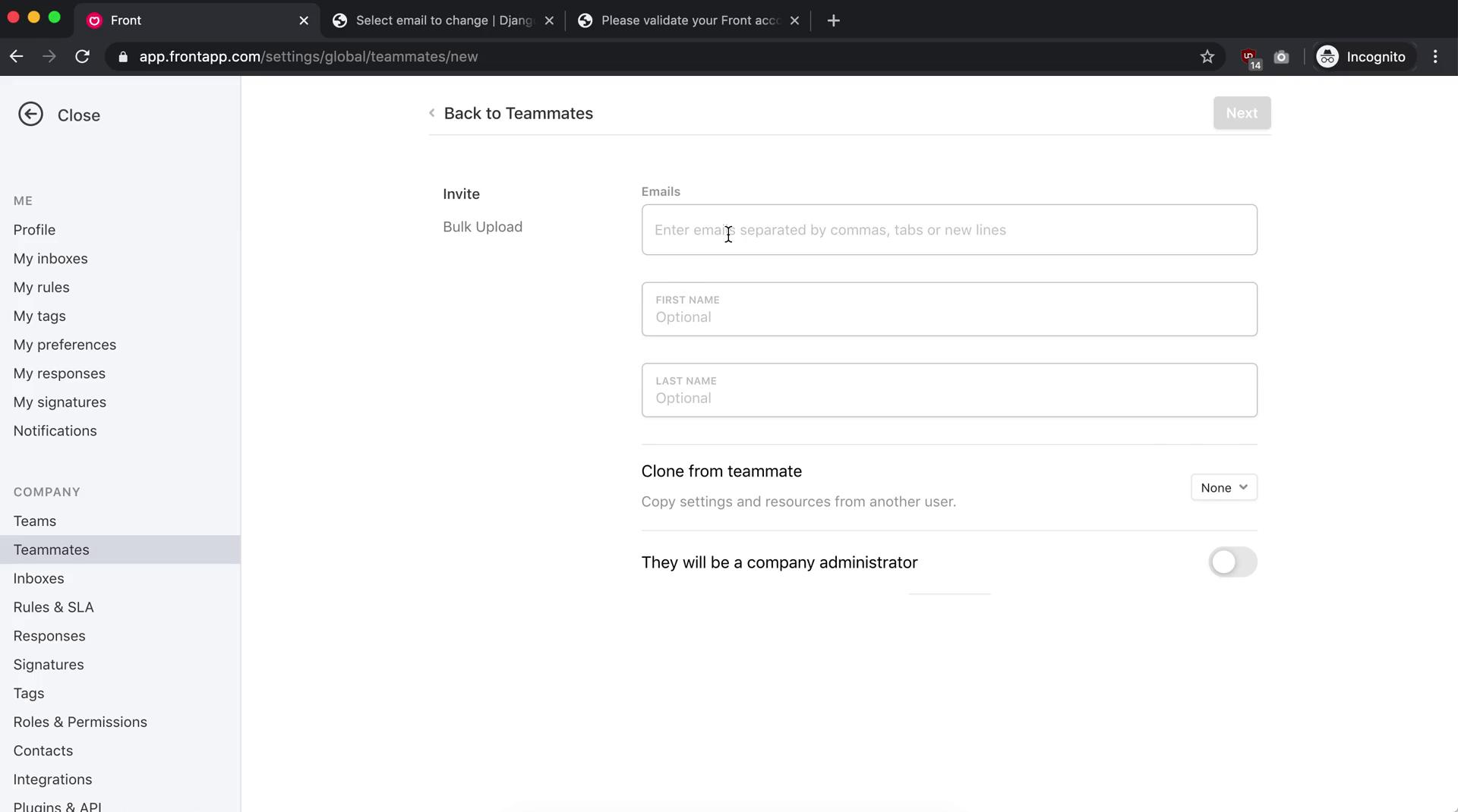 Screenshot of Invite teammate during Inviting people on Front user flow