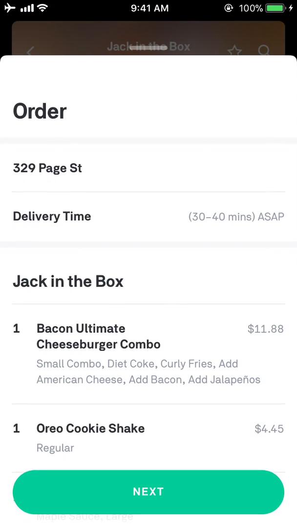 Ordering food screenshot