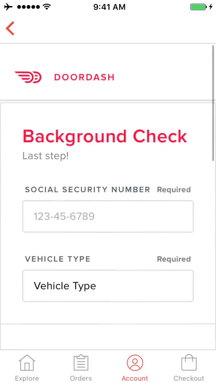 Screenshot of on Driver signup on DoorDash user flow