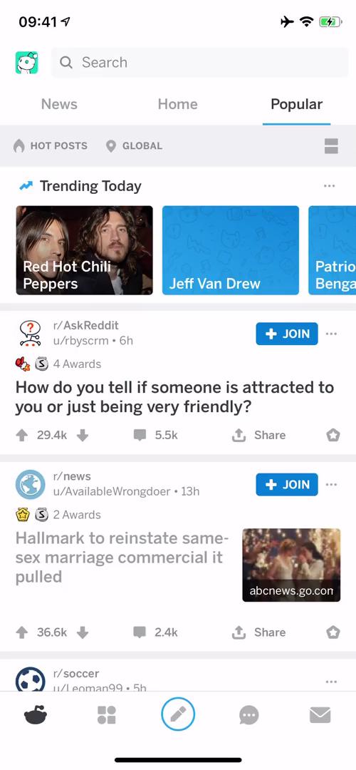 Screenshot of Home feed on Searching on Reddit user flow