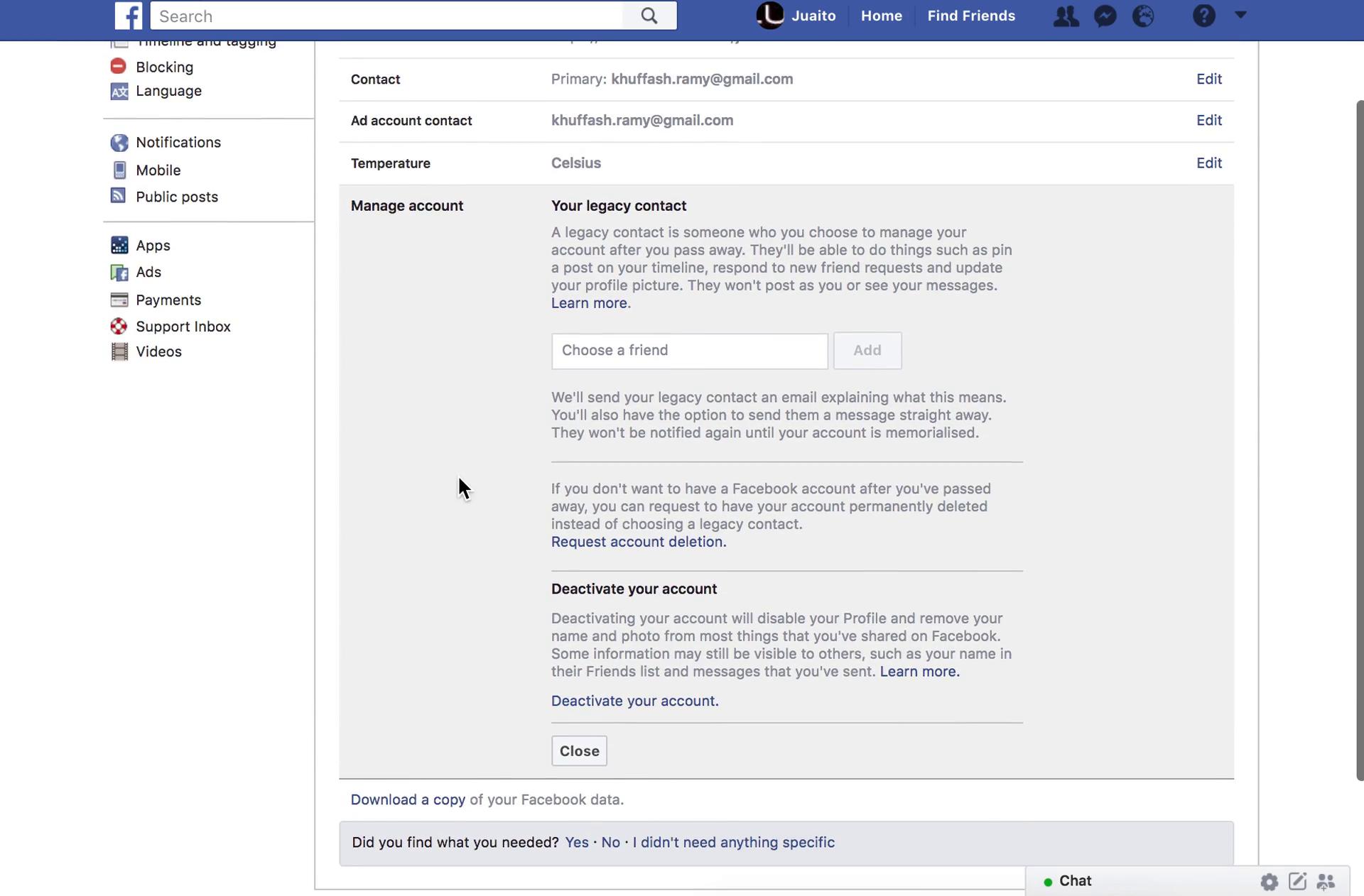 Facebook's Manage account page in the settings