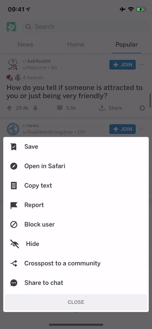 Screenshot of Post action menu on Saving on Reddit user flow