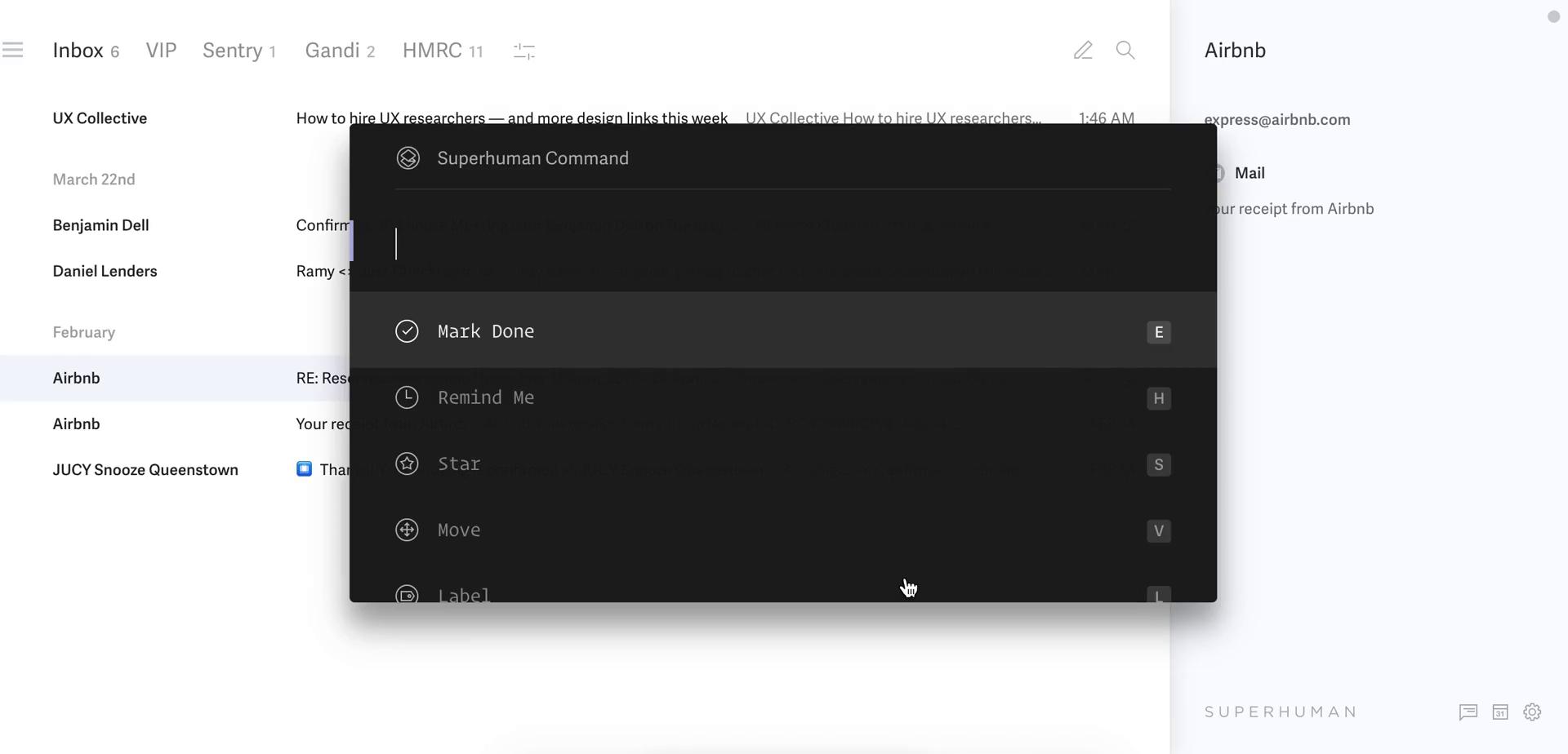 Screenshot of Shortcut commands on Shortcuts on Superhuman user flow