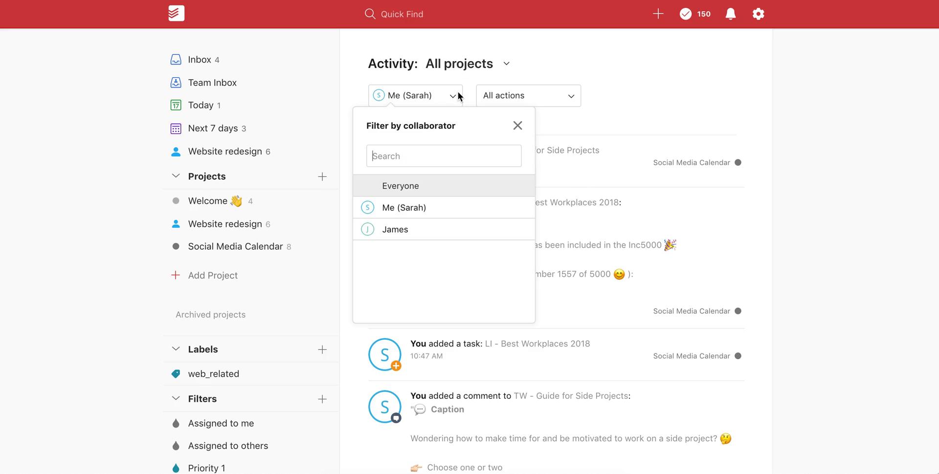 Screenshot of Filter by collaborator on Activity feed on Todoist user flow