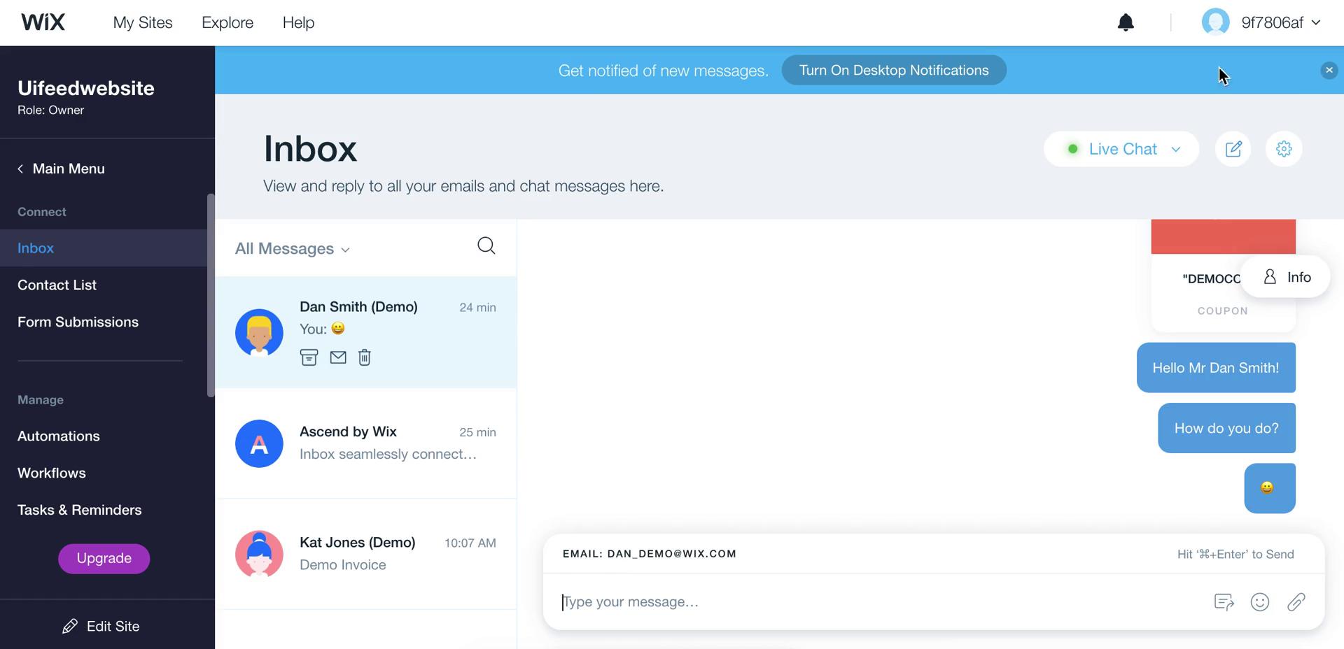 Wix chat screenshot