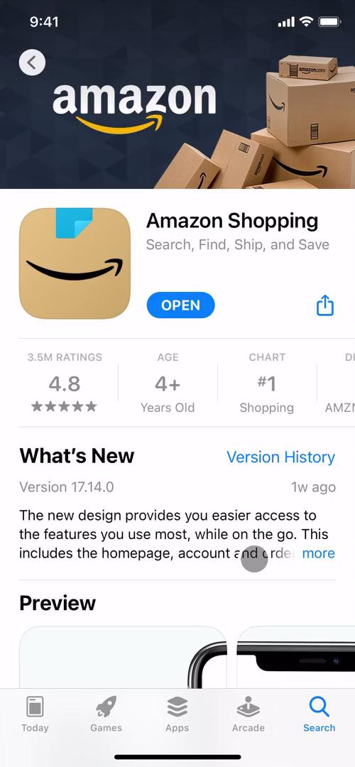 Screenshot of App store listing on Onboarding on Amazon user flow