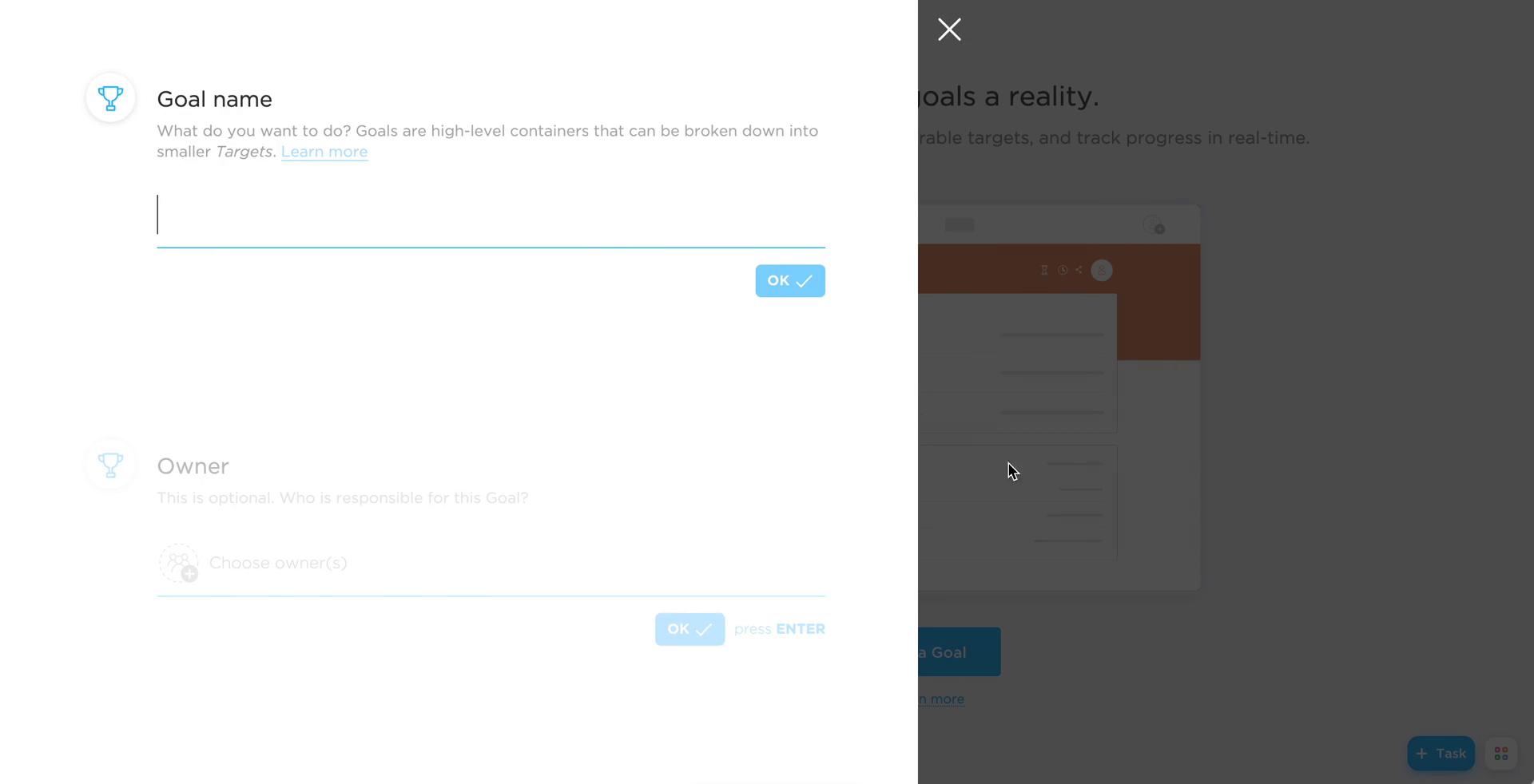 Screenshot of Set goal on Setting goals on ClickUp user flow
