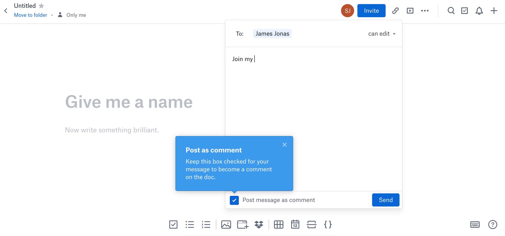 Screenshot of Invite friends on Creating a document on Dropbox Paper user flow