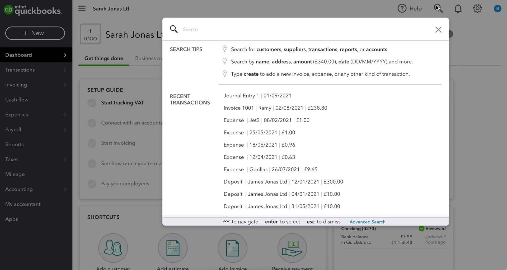 Screenshot of Search on Searching on QuickBooks user flow