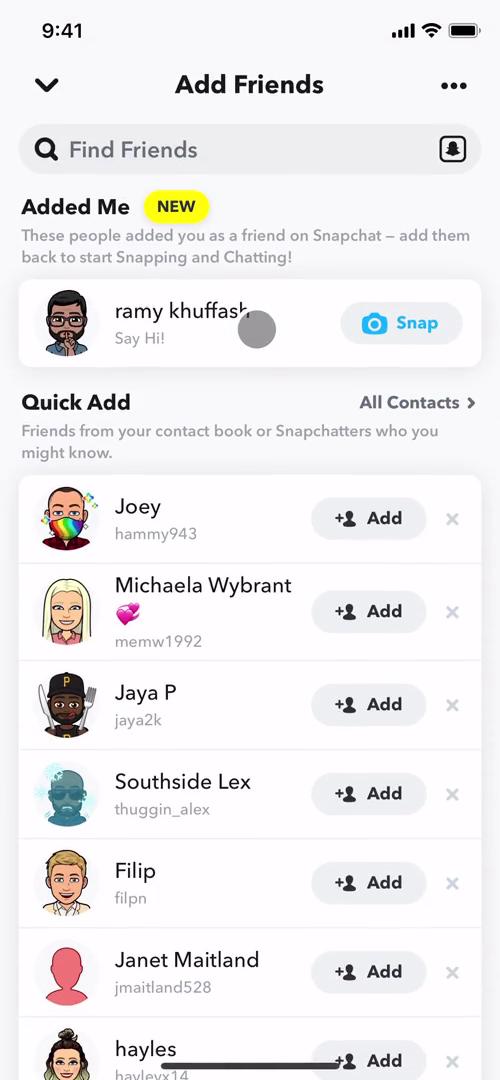 Screenshot of Add friends on General browsing on Snapchat user flow