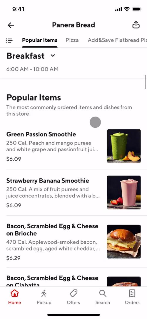 Screenshot of Restaurant menu on Ordering food on DoorDash user flow