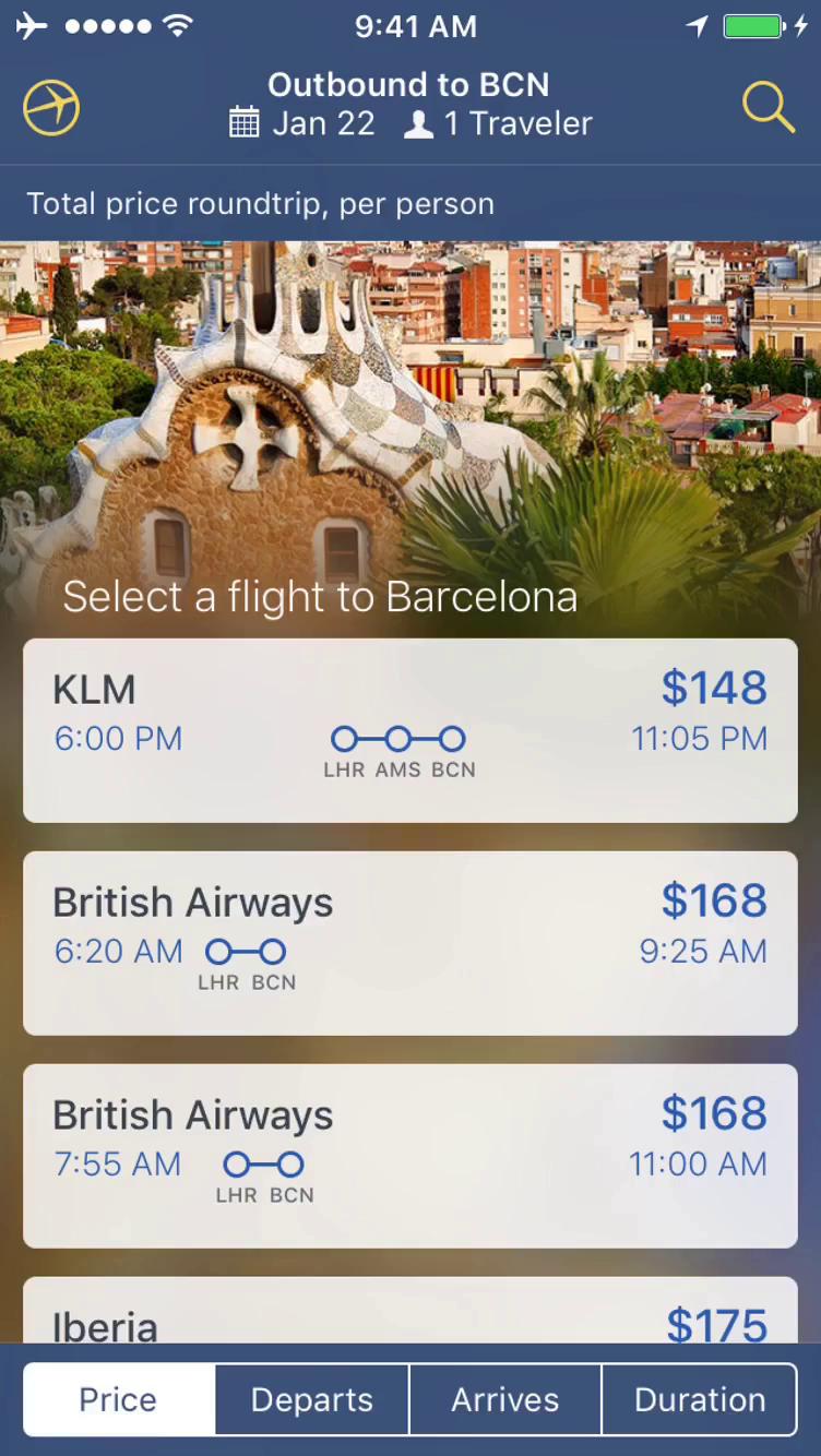 Finding flights screenshot