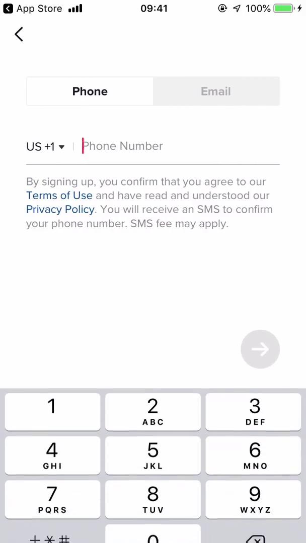 TikTok enter phone number screenshot