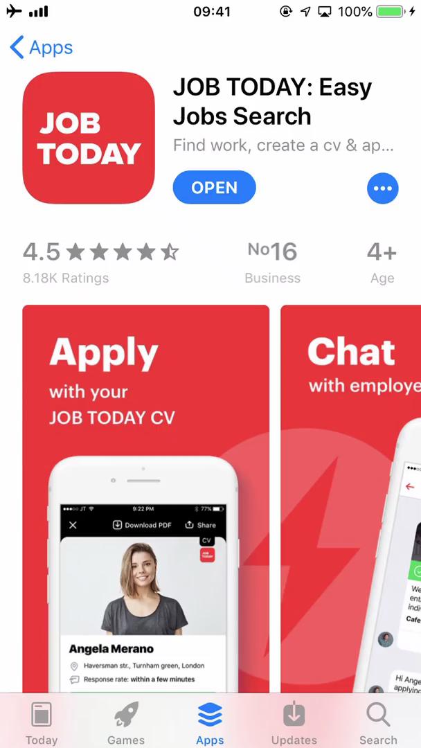 Screenshot of App store listing on Onboarding on Job Today user flow