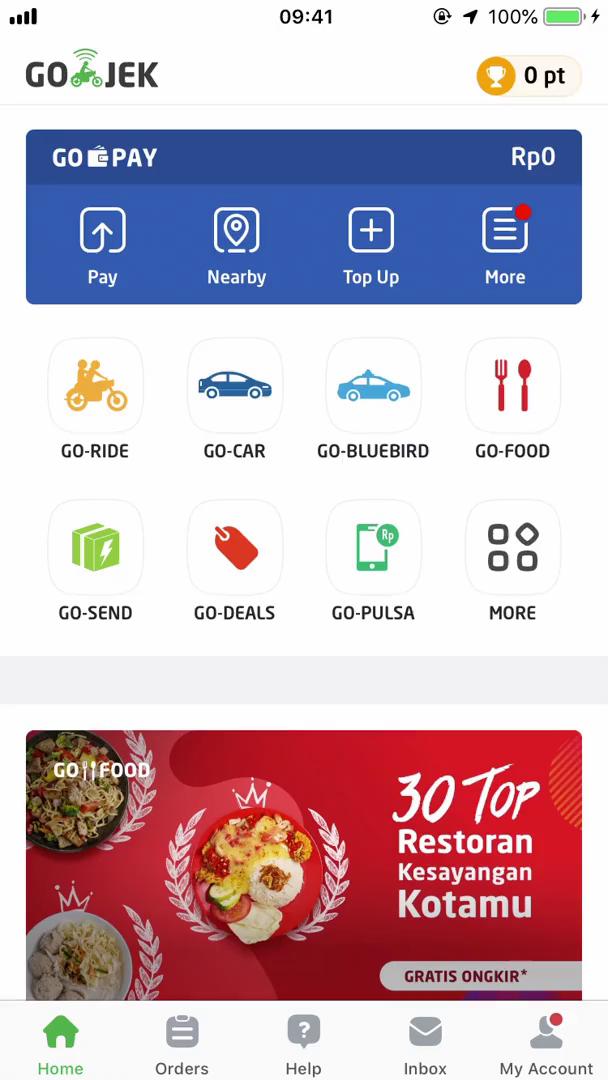 Screenshot of Home feed on Ordering food on Go-Jek user flow