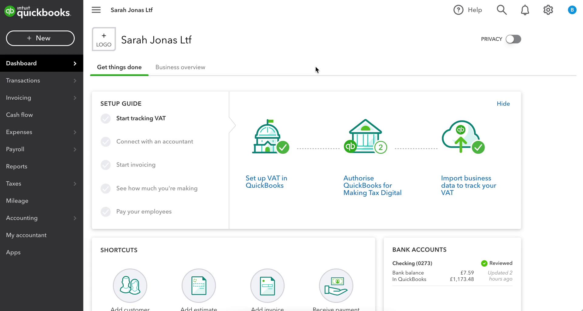 Screenshot of Dashboard on Creating an invoice on QuickBooks user flow