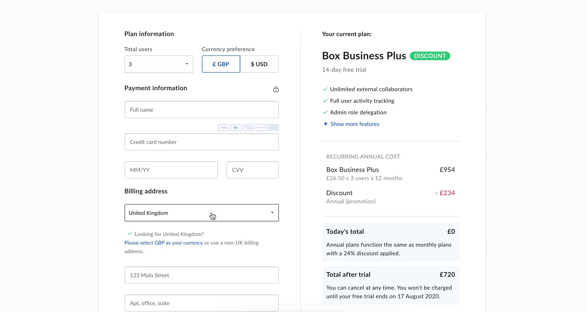 Box add payment details screenshot
