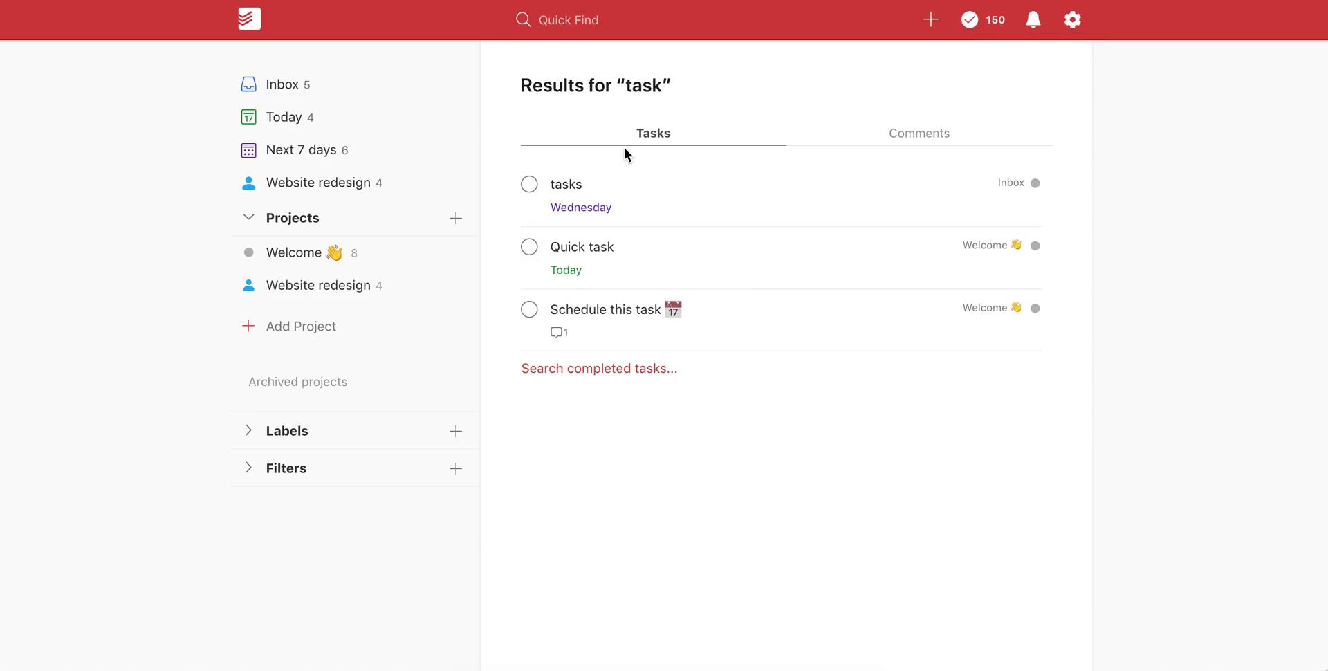 Screenshot of Search results on Searching on Todoist user flow