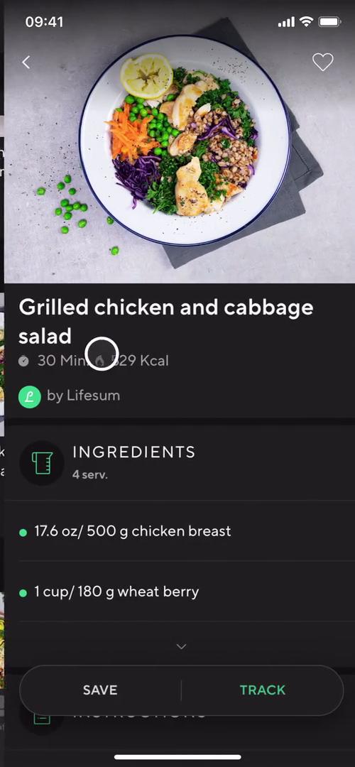 Screenshot of Recipe details on Finding a recipe on Lifesum user flow