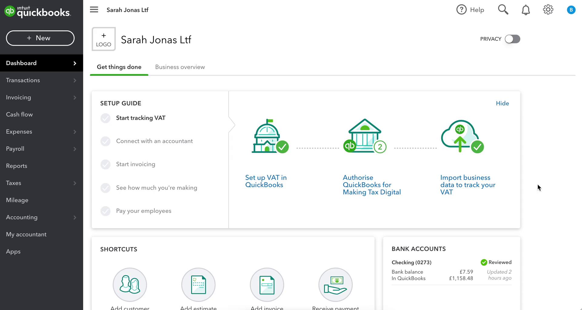 Screenshot of Dashboard on Searching on QuickBooks user flow