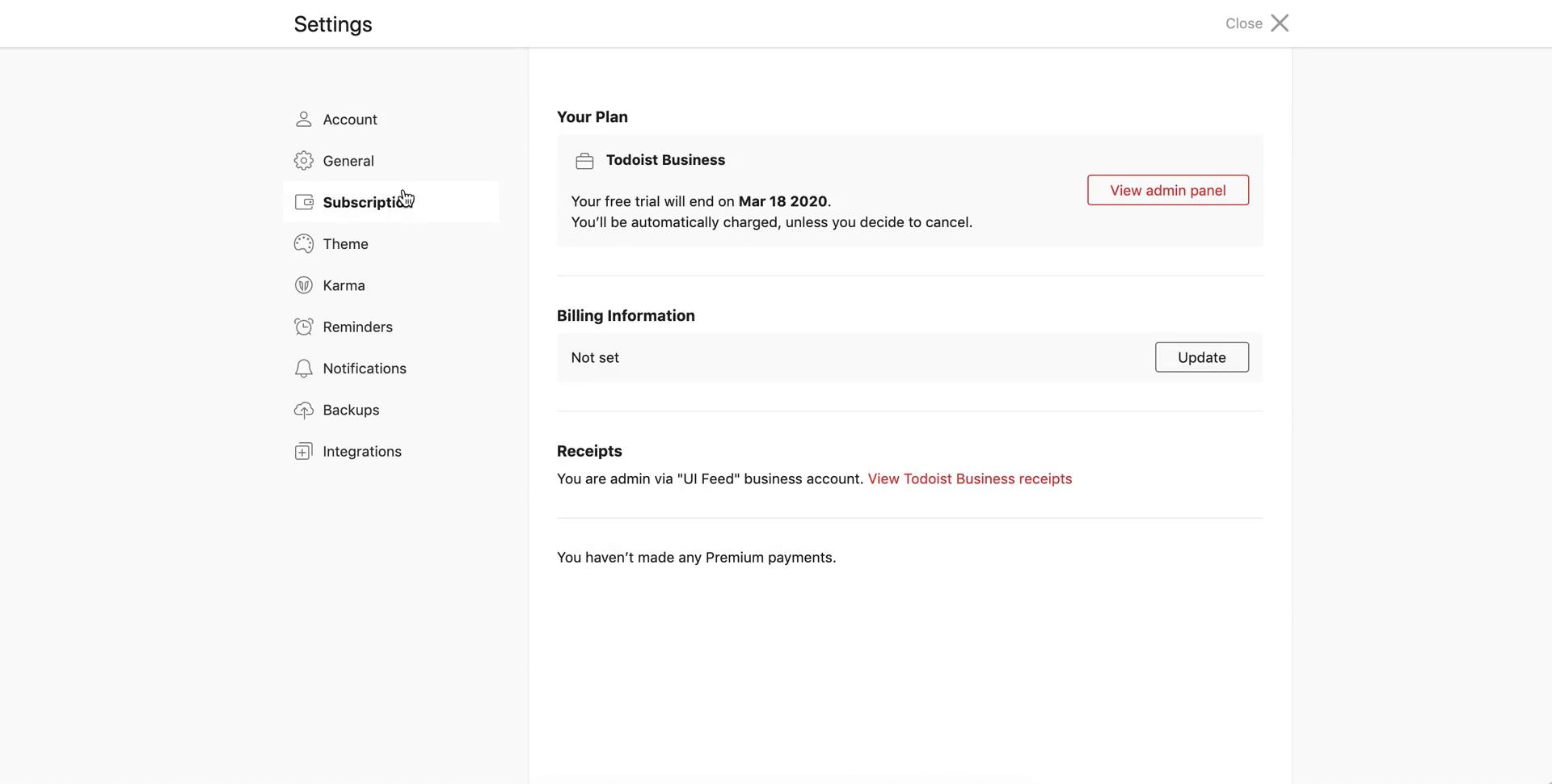 Screenshot of Subscription settings on Cancelling your subscription on Todoist user flow