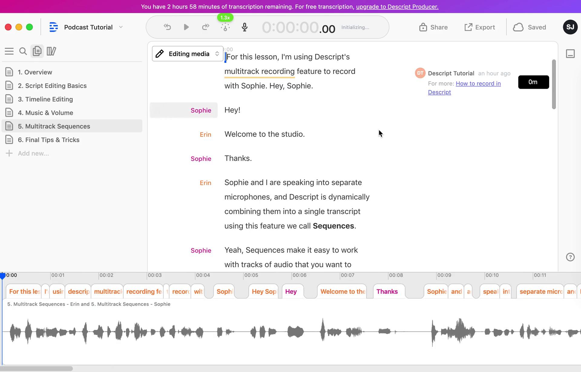 Screenshot of Audio editor on Commenting on Descript user flow