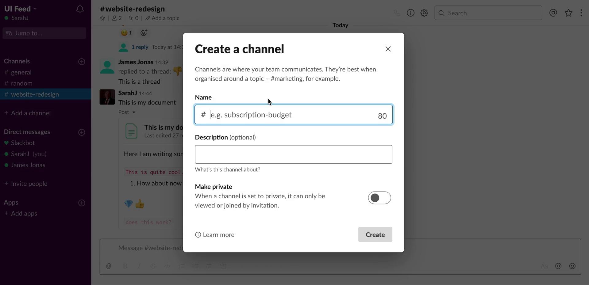 Screenshot of Create channel on Creating a channel on Slack user flow