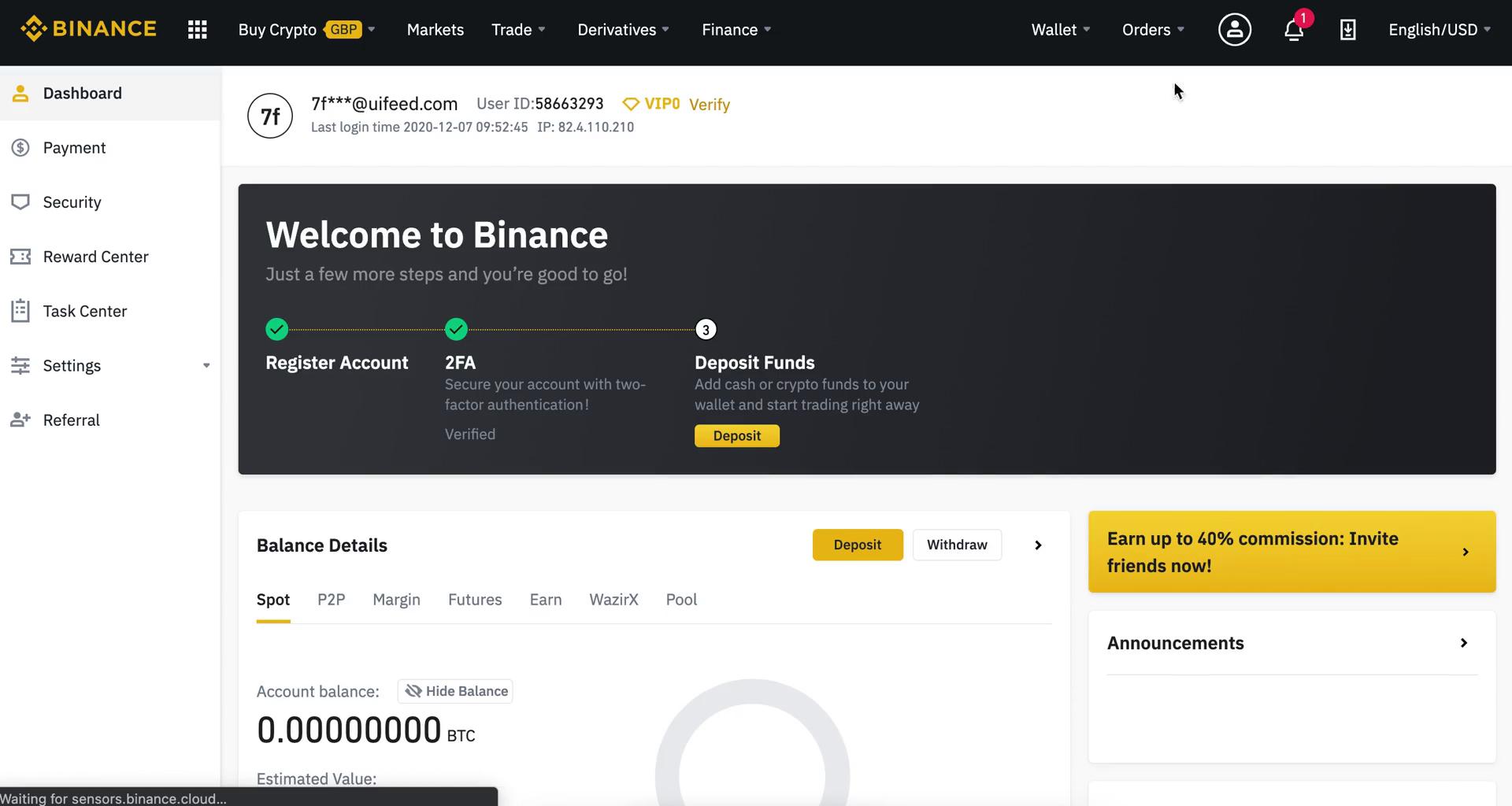 Binance dashboard screenshot