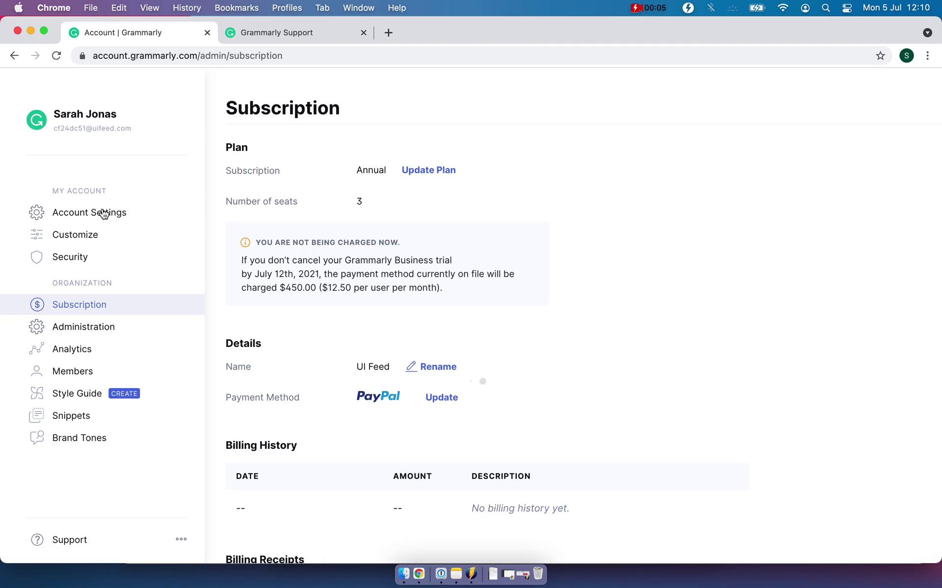 Screenshot of Manage subscription on Cancelling your subscription on Grammarly user flow