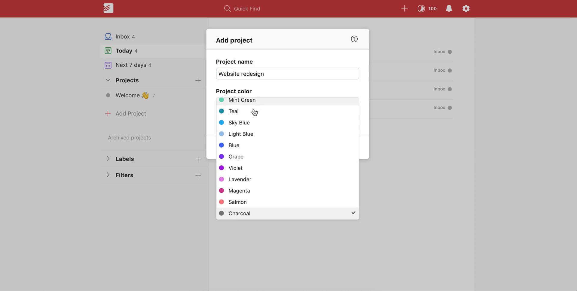 Screenshot of Select project color on Creating a project on Todoist user flow