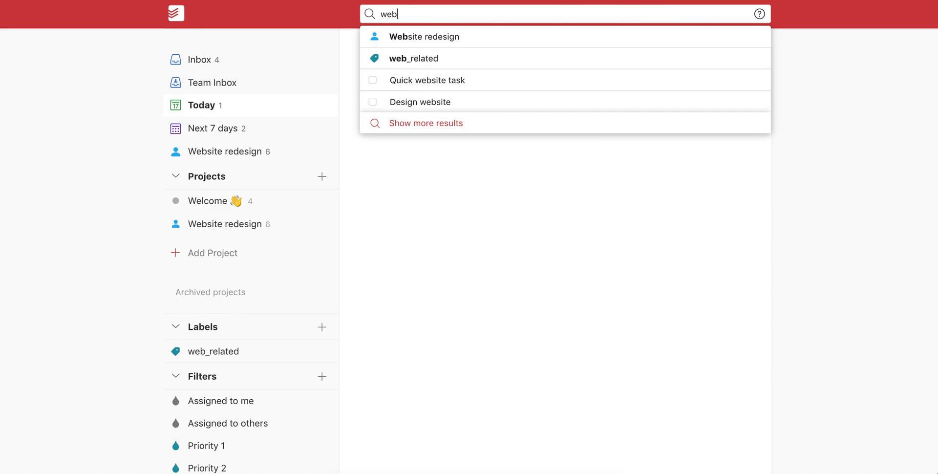 Screenshot of Quick search on General browsing on Todoist user flow