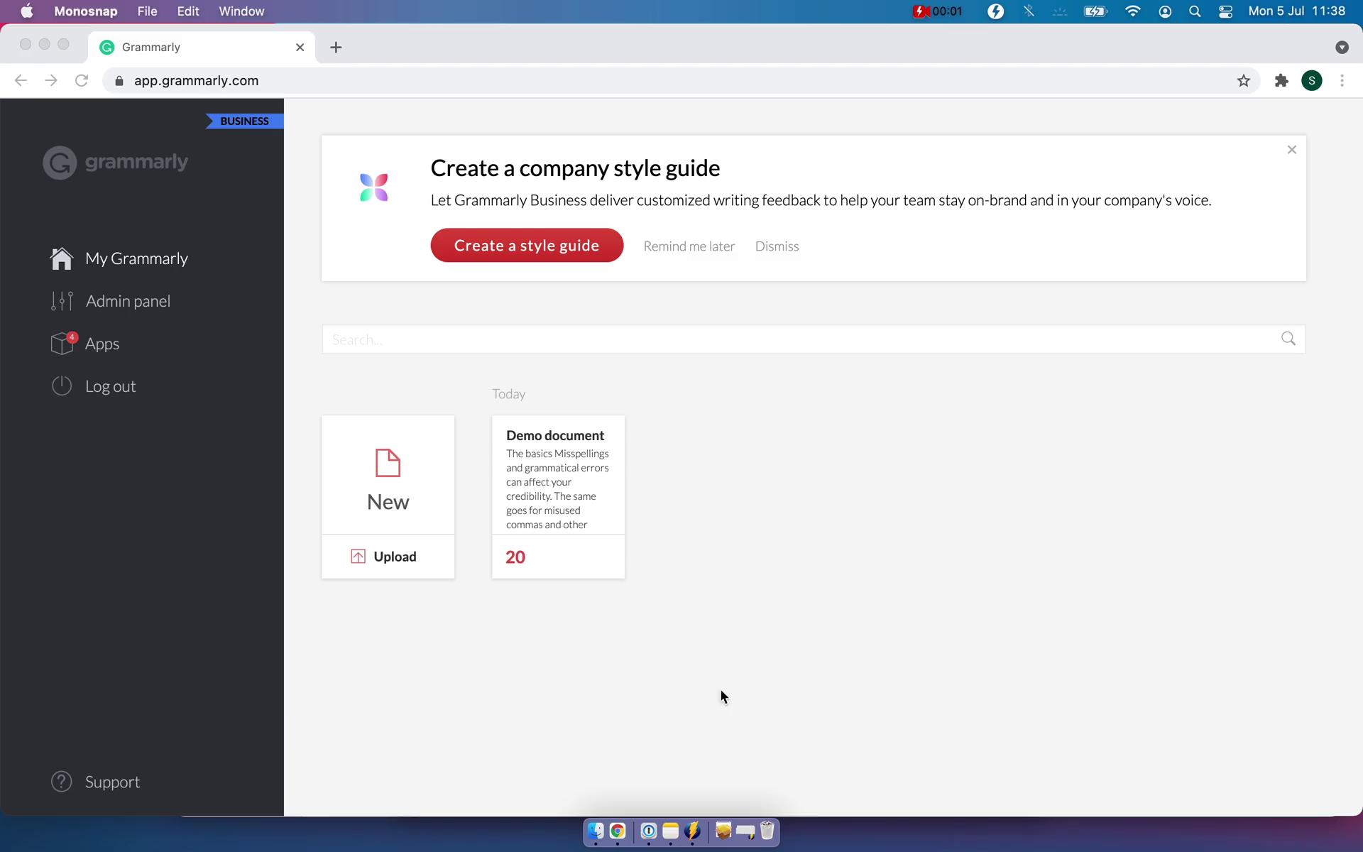Screenshot of Dashboard on Inviting people on Grammarly user flow