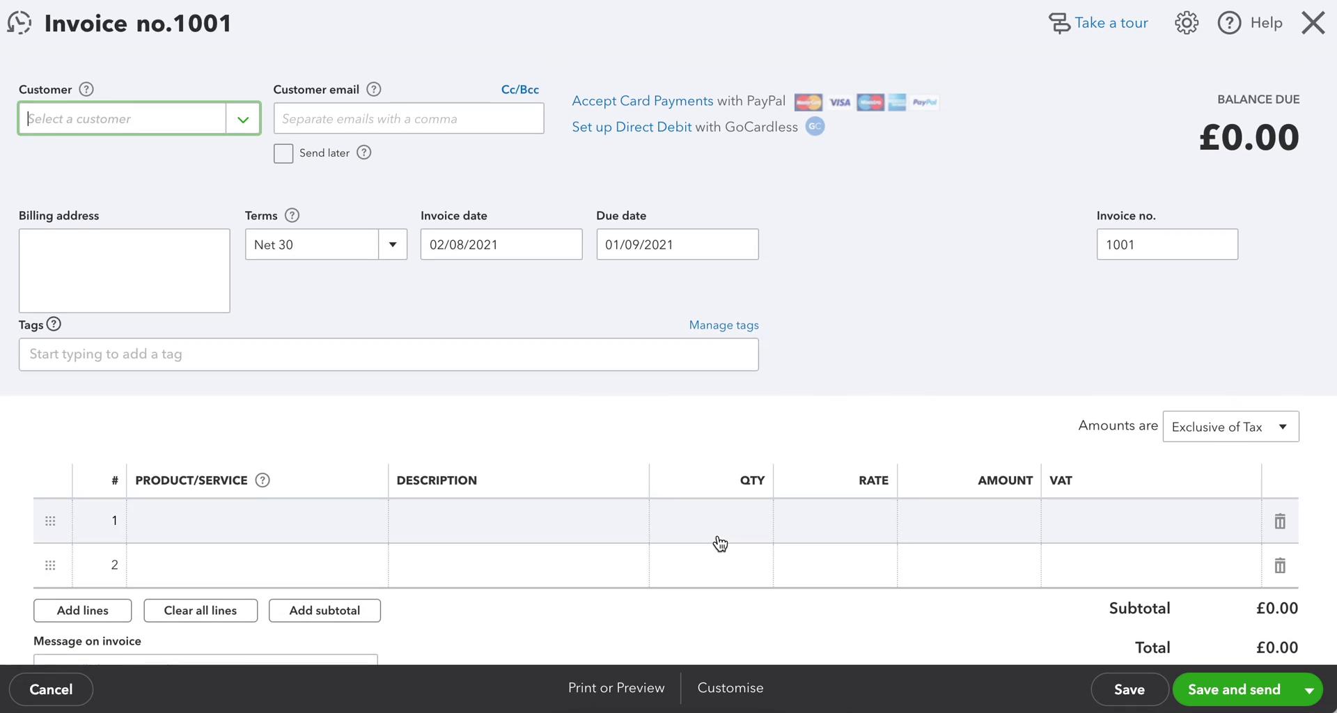 Screenshot of Create invoice on Creating an invoice on QuickBooks user flow