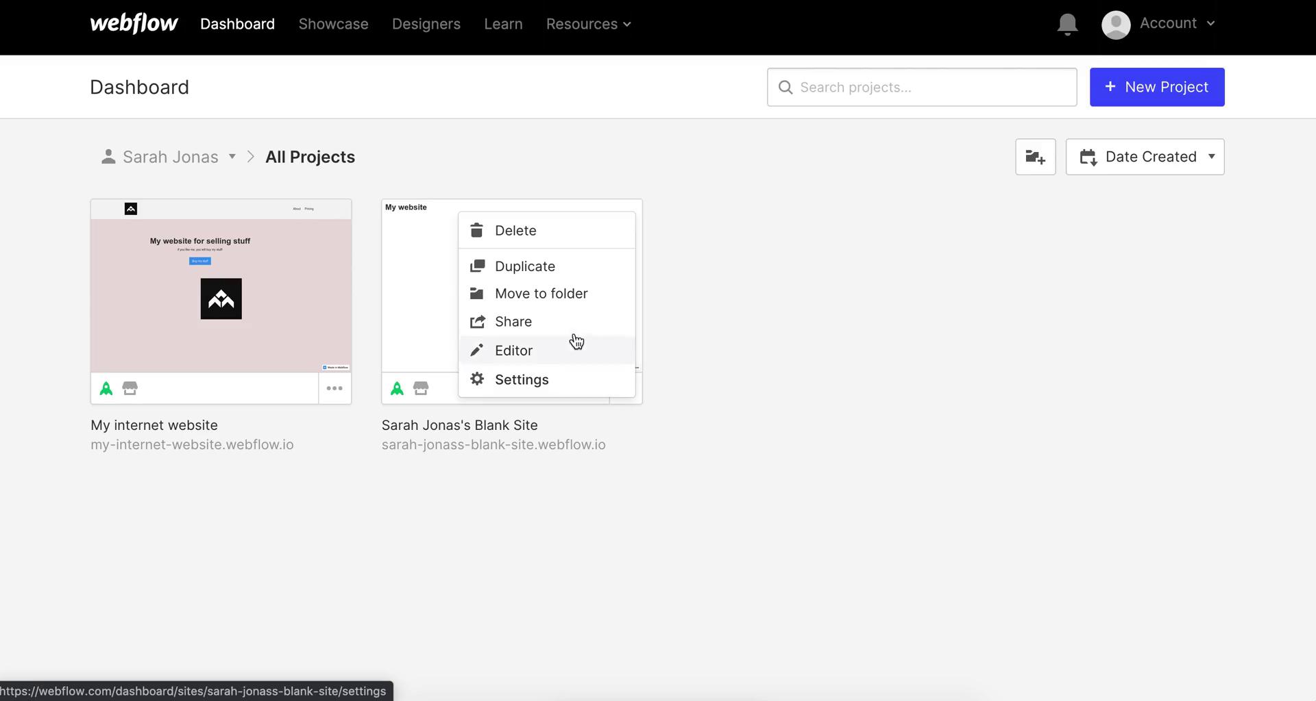 Screenshot of Delete project on Deleting a project on Webflow user flow