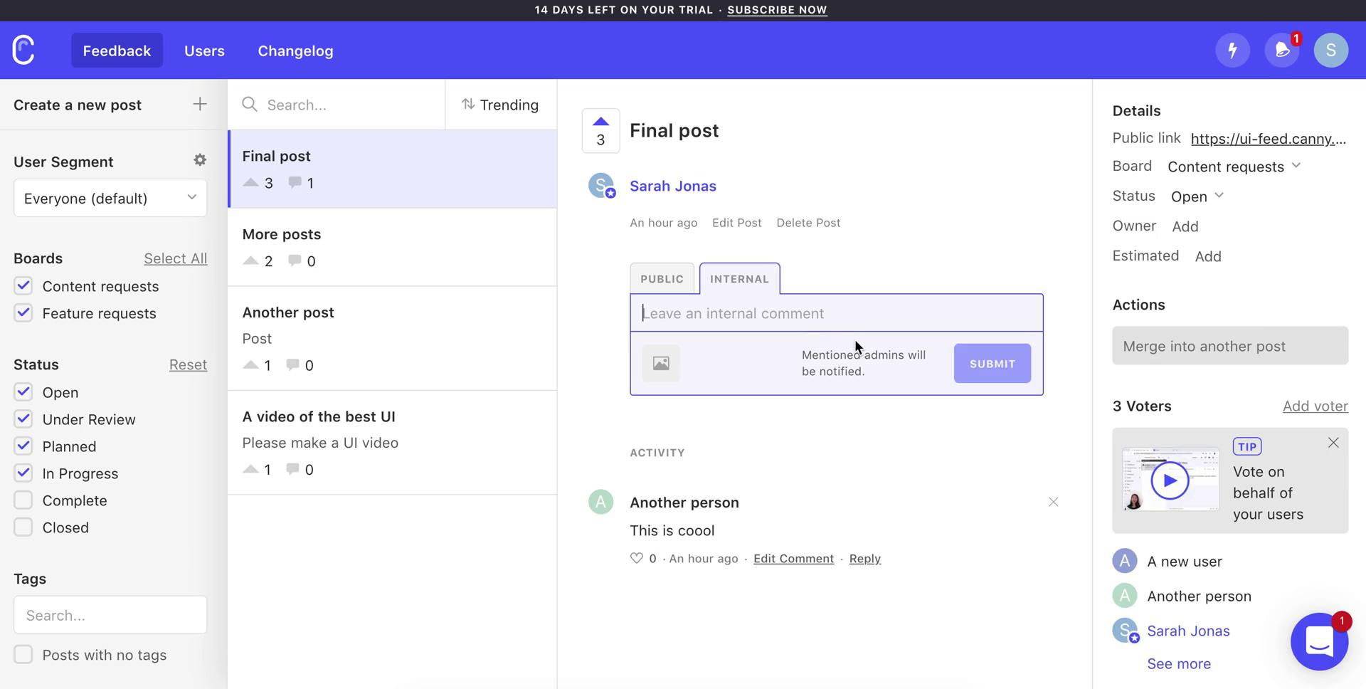 Managing feedback screenshot