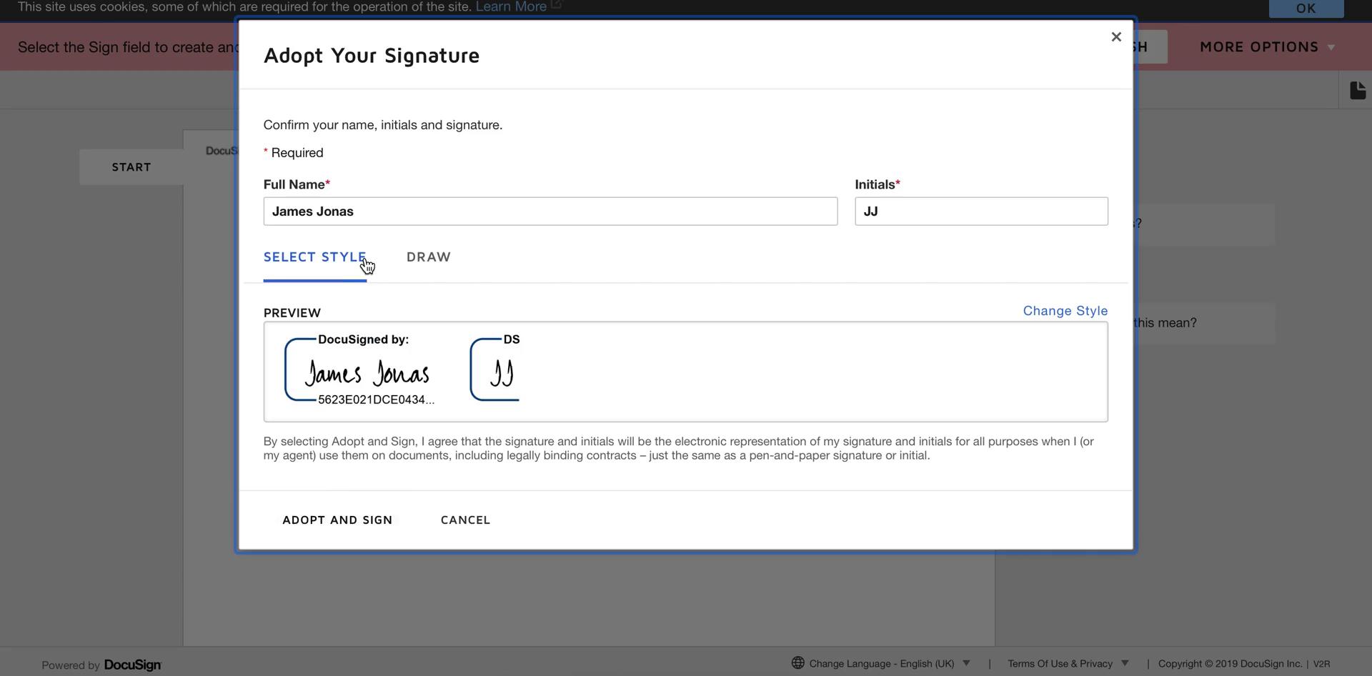 Signing a document screenshot