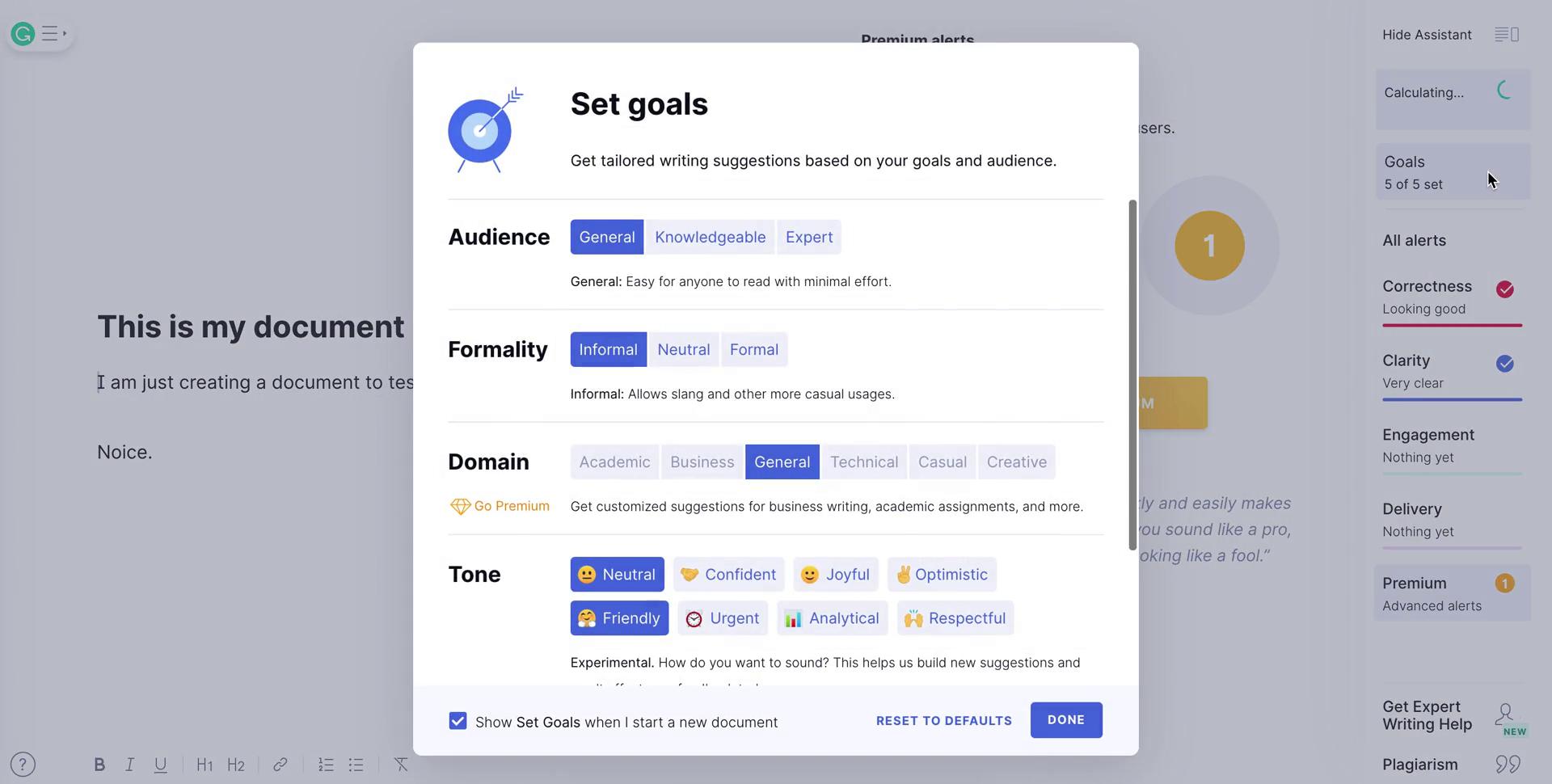 Screenshot of Set goals on Setting goals on Grammarly user flow