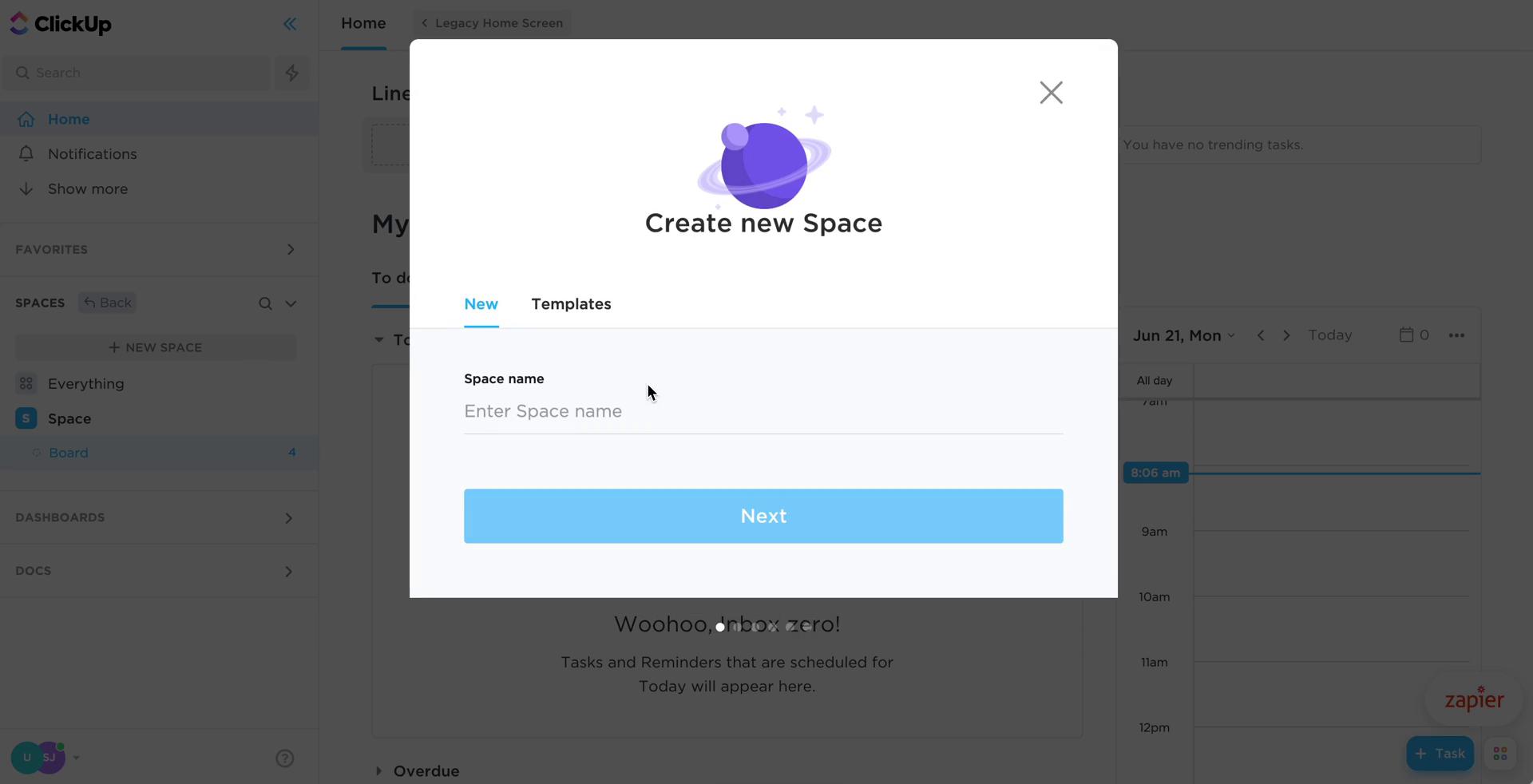 Screenshot of Create space on Creating a project on ClickUp user flow