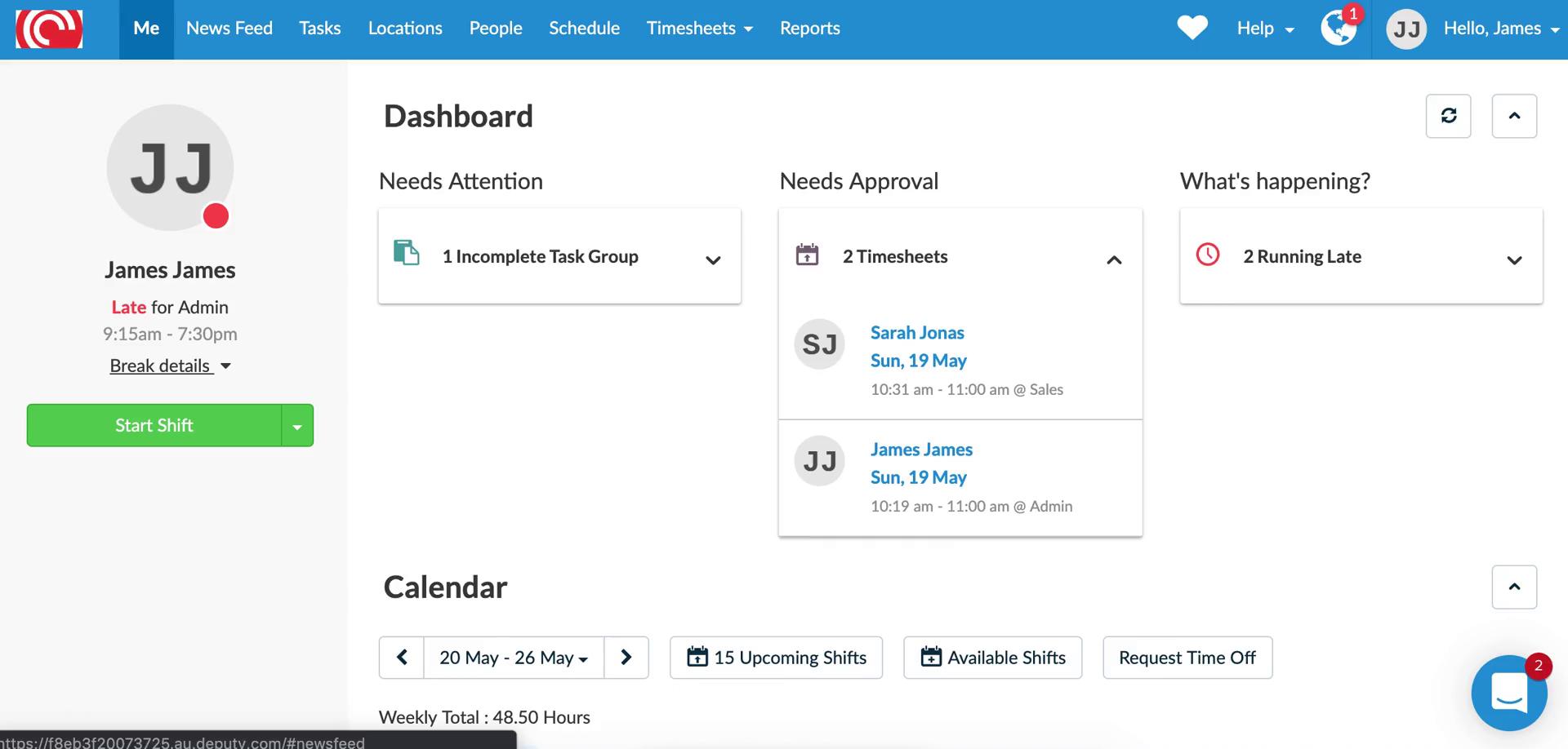 Screenshot of Dashboard on Approving time sheets on Deputy user flow