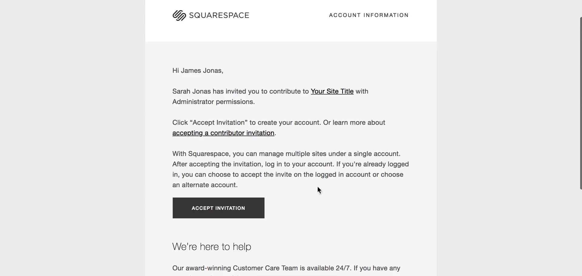 Screenshot of Invite email on Accepting an invite on Squarespace user flow
