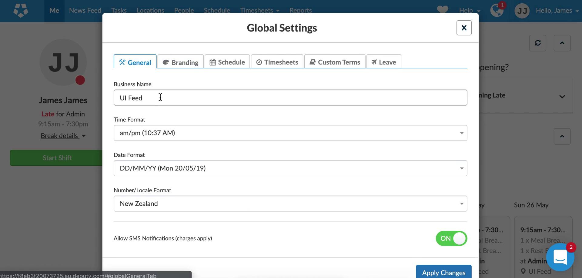 Screenshot of Settings on Customization settings on Deputy user flow